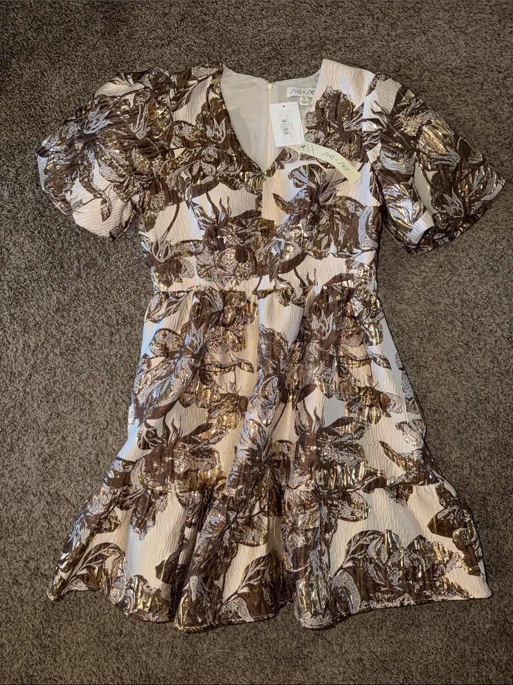 She + Sky Cream Dress with Metallic Brown Floral Jacquard
